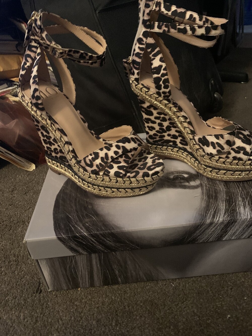 Jennifer Lopez Leopard-Print Wedge Sandals with Gold Trim - Picture 5 of 6